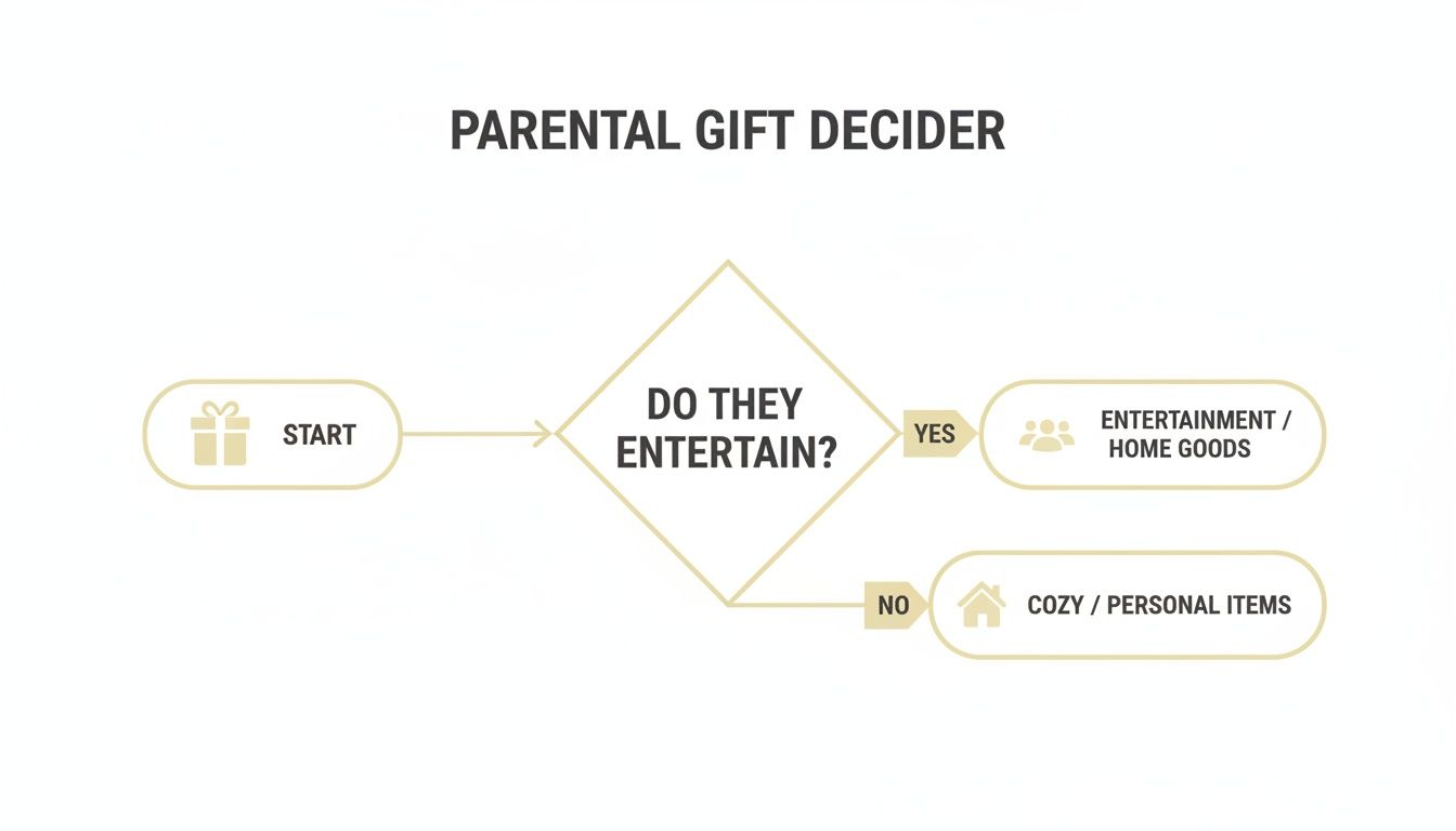 A flowchart titled 'Parental Gift Decider' guides gift choices based on whether parents entertain.