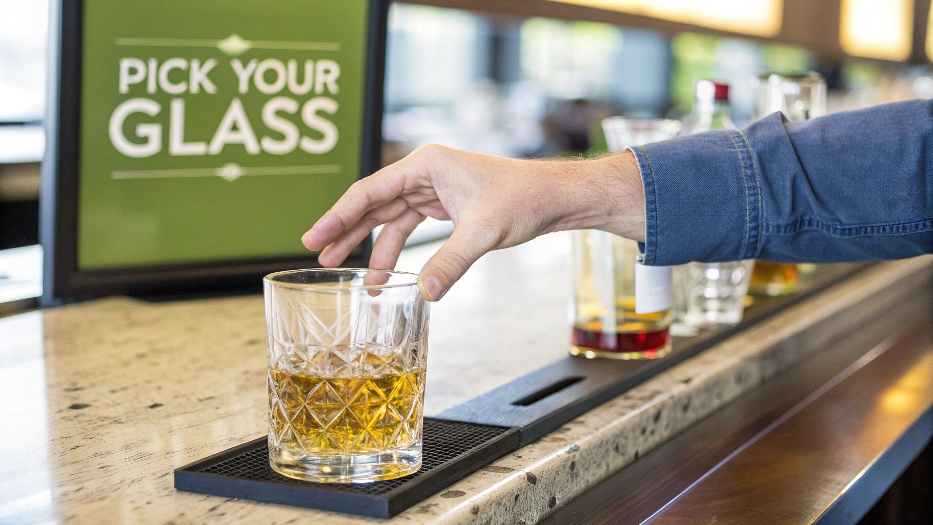 A close-up of a premium whiskey glass showing its fine rim and clear crystal material
