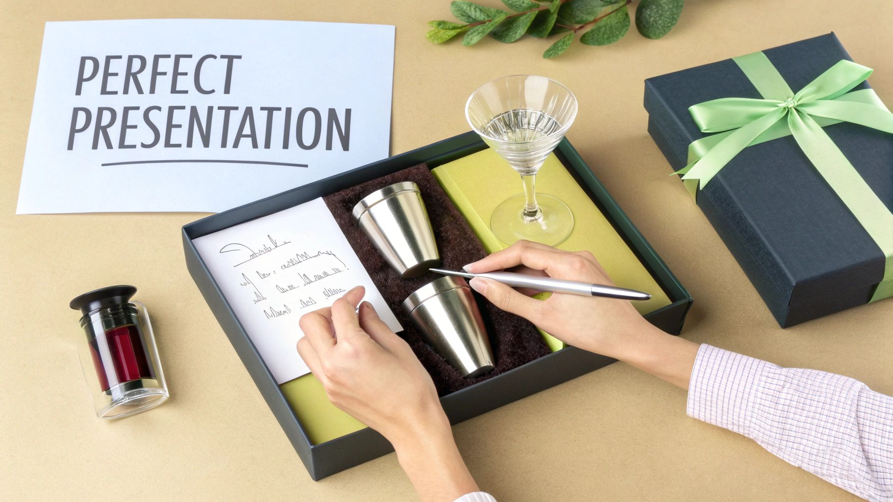 Hands writing a personalized note inside a gift box with metal cups, a glass, and a book.