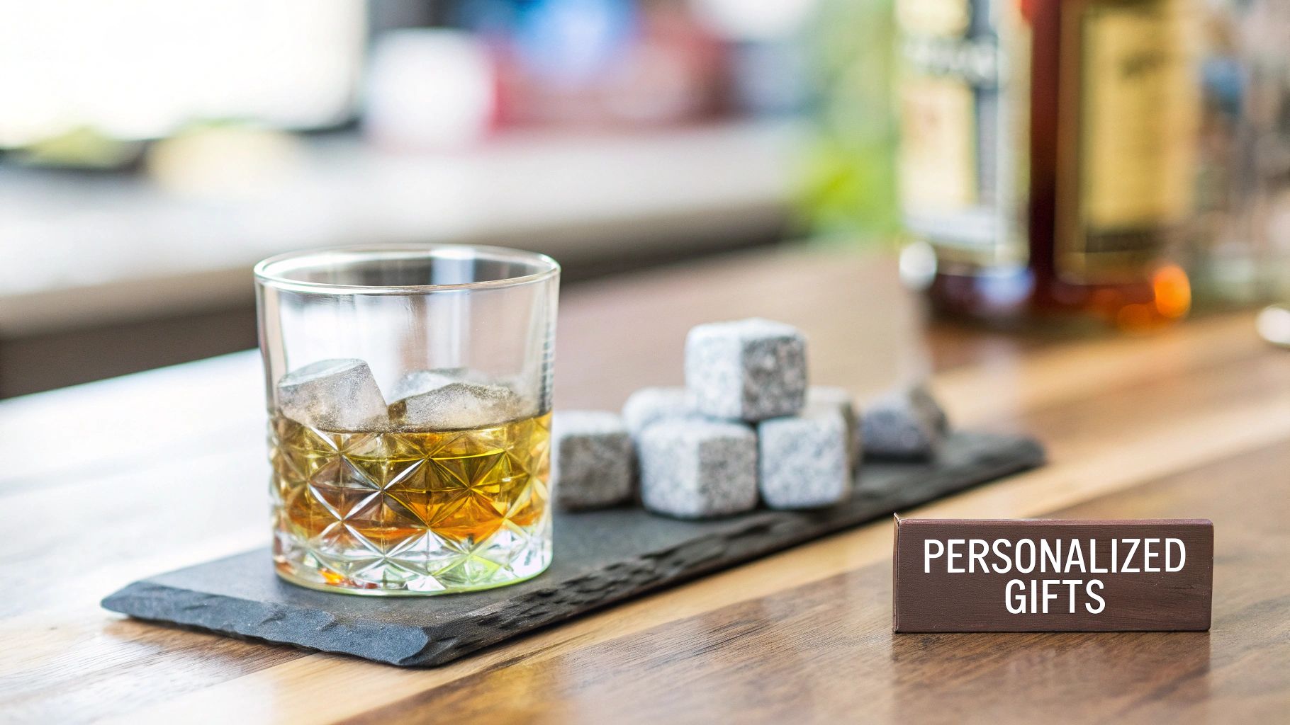 A glass of whiskey with ice cubes and whiskey stones on a slate coaster, near a 'Personalized Gifts' sign.