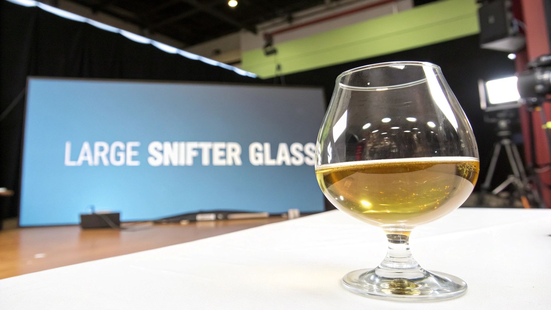 Large snifter glass with amber liquid on a table, 'LARGE SNIFTER GLASS' on a blue screen.