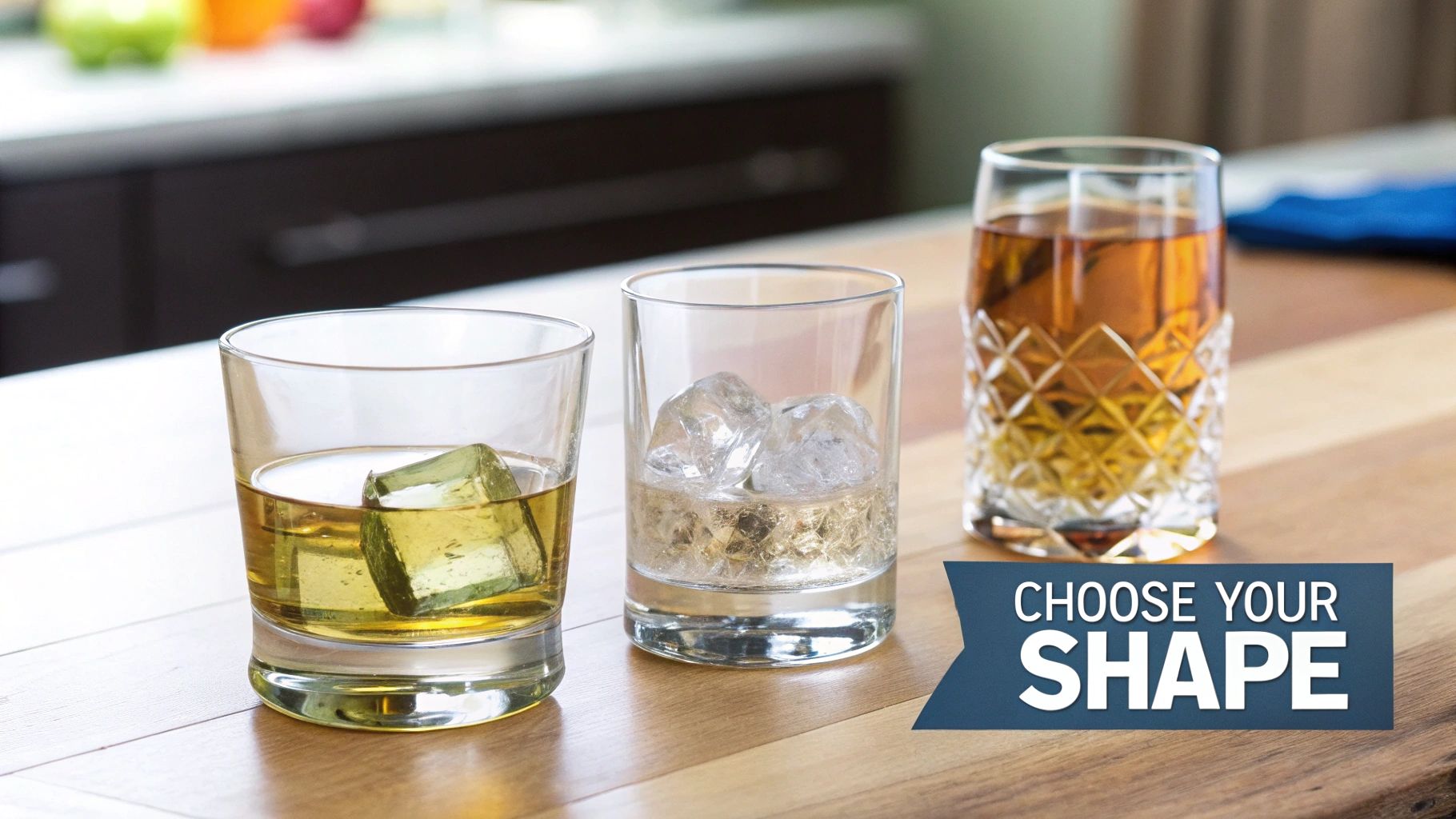 Three different styles of whiskey glasses, some with ice, filled with amber liquid on a wooden table.
