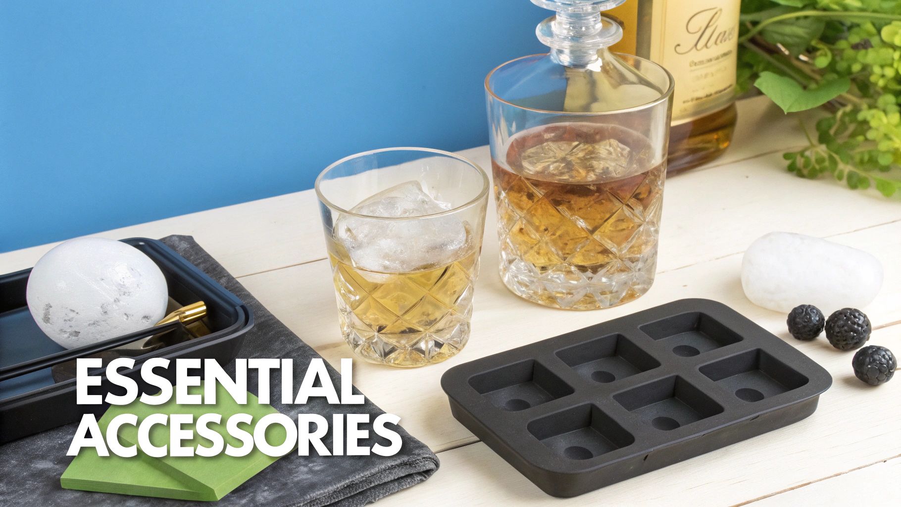 Bourbon whiskey glasses with ice, bottle, ice mold tray and cocktail accessories on white table