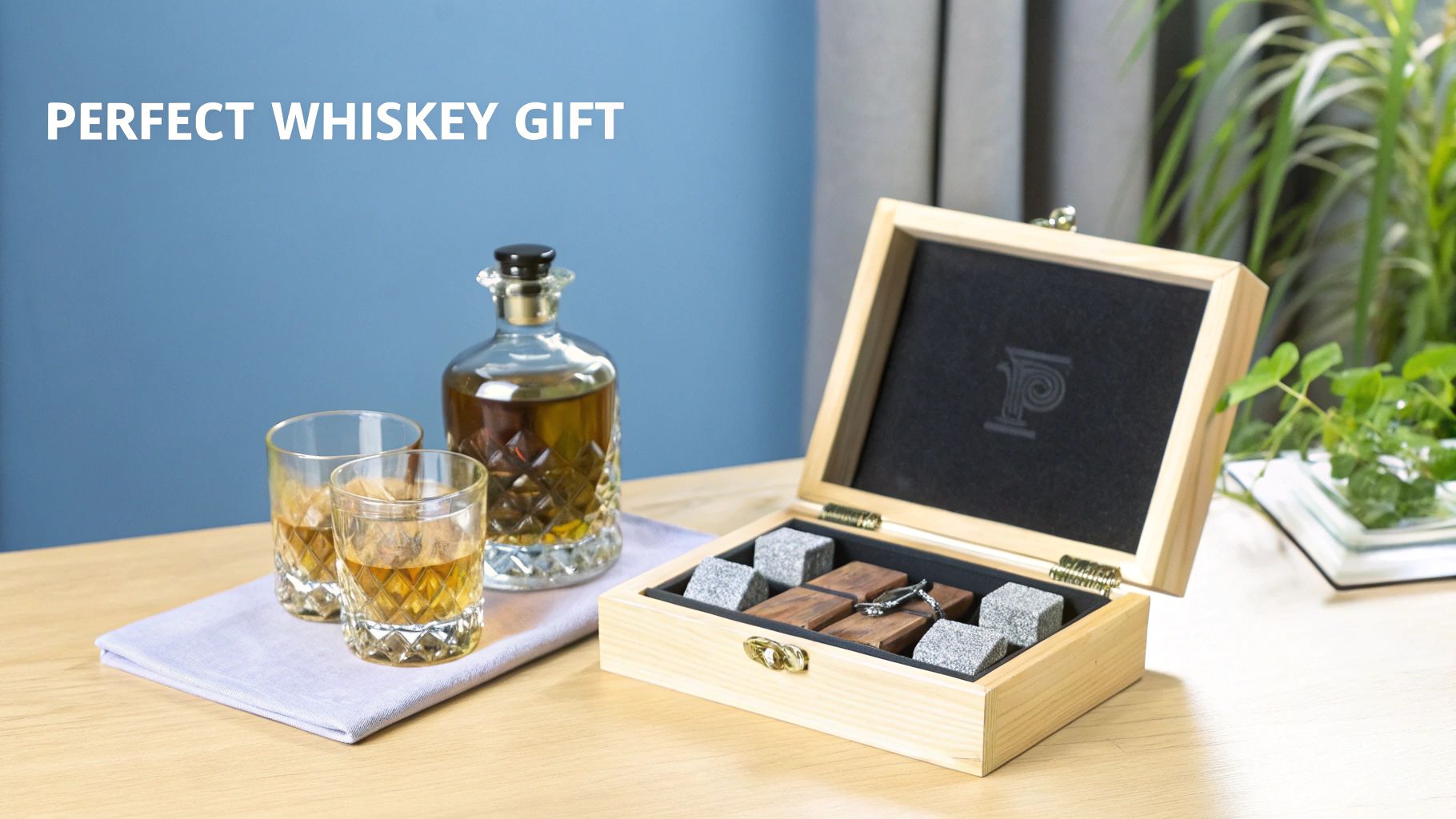 A perfect whiskey gift set featuring a decanter, two glasses, and chilling stones in a wooden box.