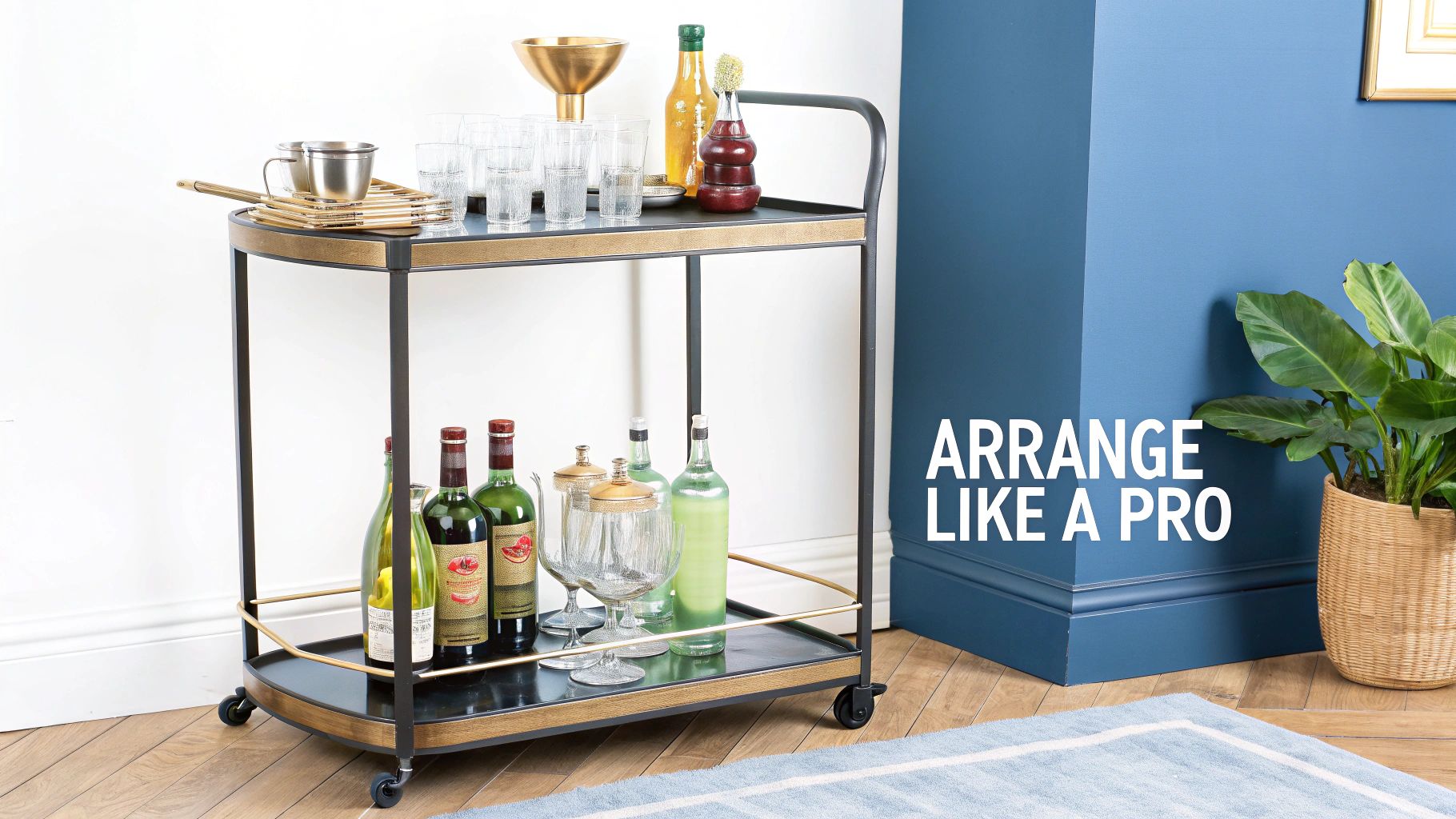A beautifully arranged bar cart showing professional placement of spirits and glassware.