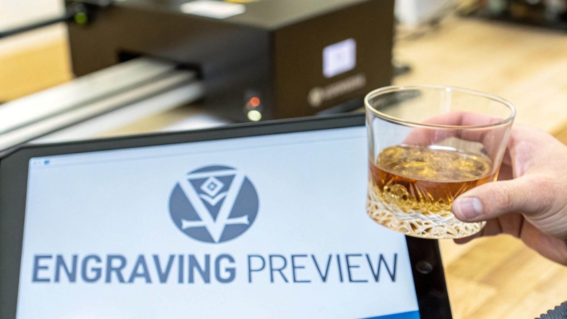 A hand holds a whiskey glass next to a tablet displaying an engraving preview design.
