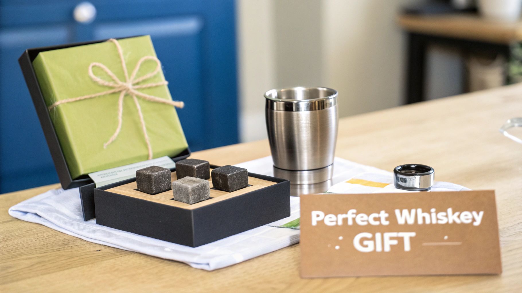 A perfect whiskey gift set featuring chilling stones, a green wrapped box, and a metal cup.