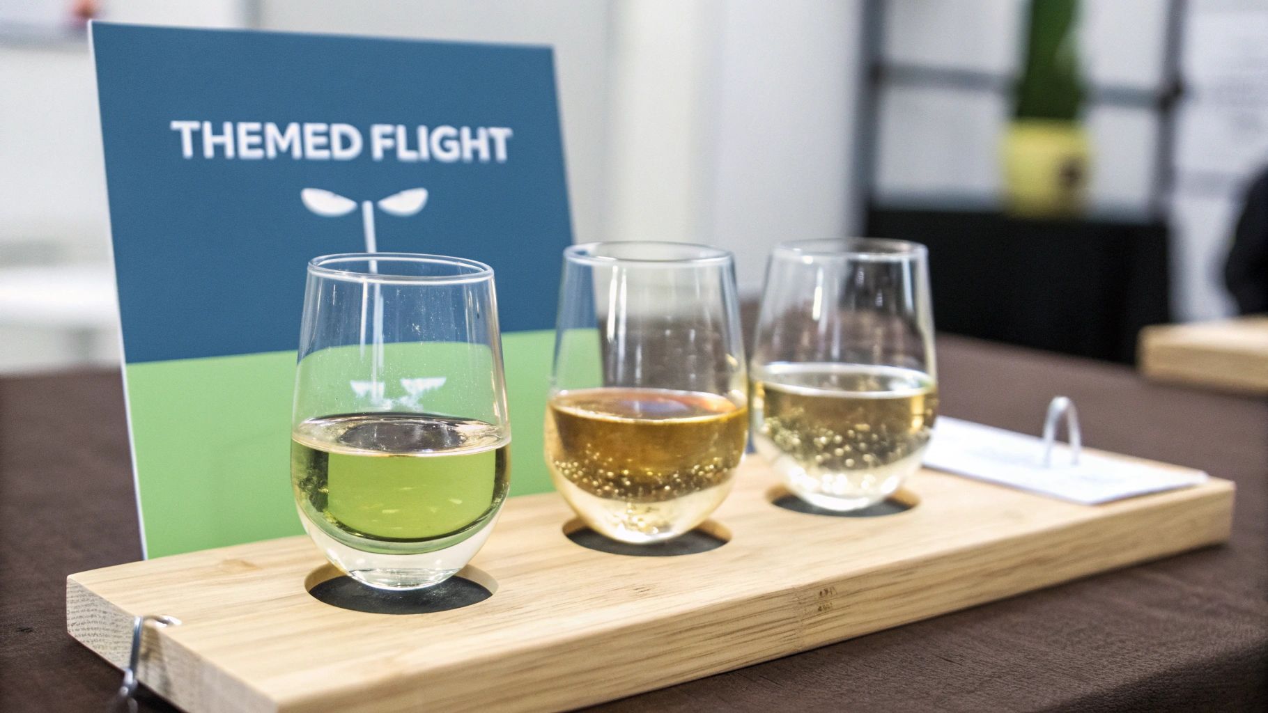 Several themed whiskey flights with different types of whiskey in each glass, presented on wooden boards.