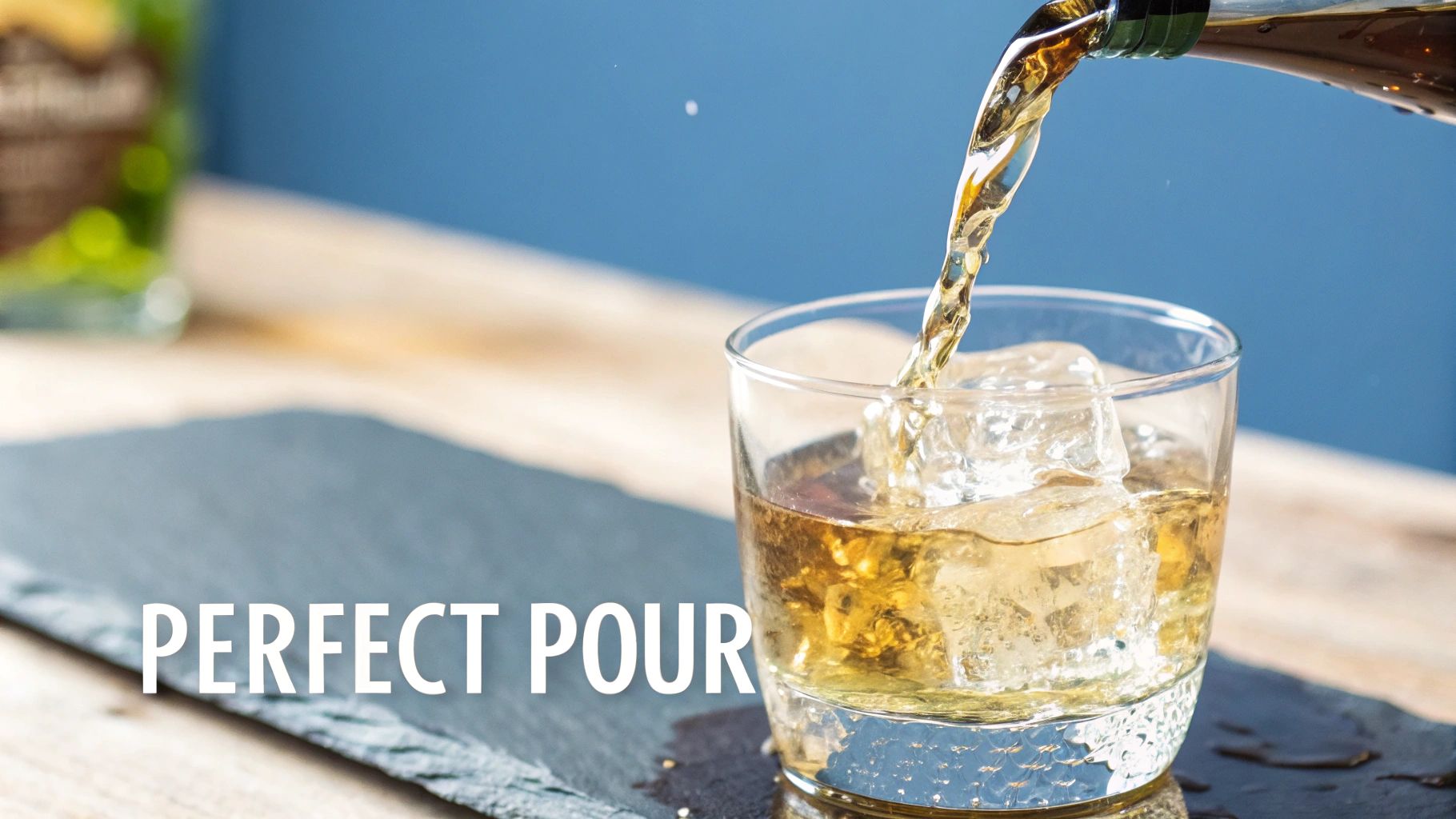 A golden spirit is being poured from a bottle into a glass filled with ice, creating a perfect pour.