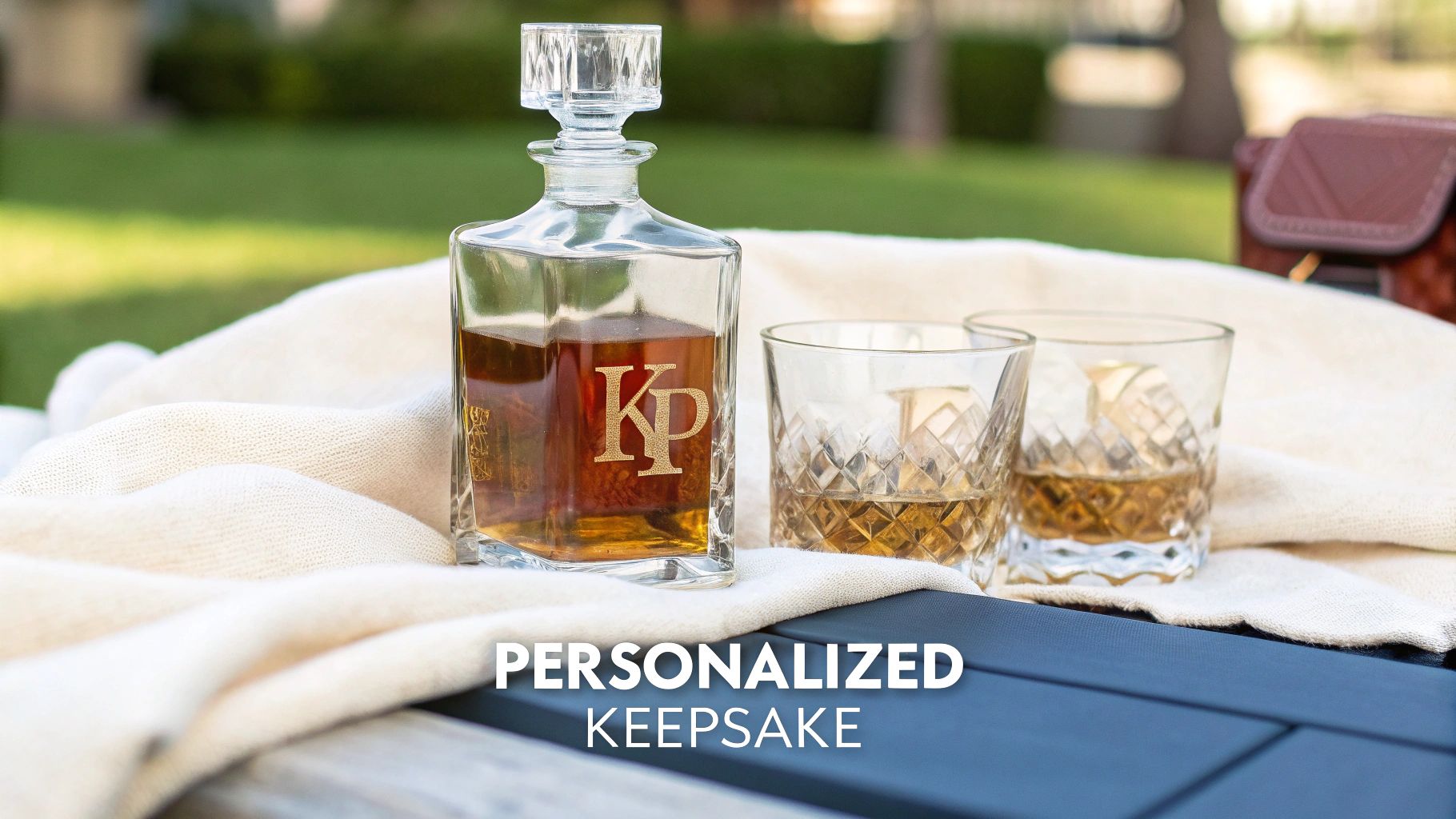 Personalized crystal decanter and whiskey glasses engraved with monogram letters displayed outdoors as corporate gift