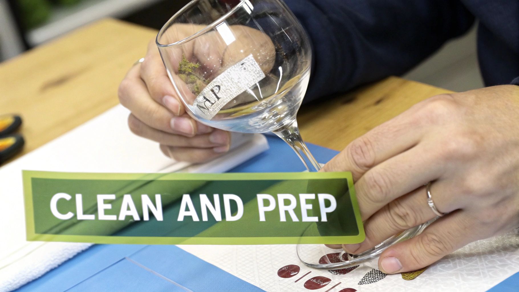 Hands hold a wine glass above a 'CLEAN AND PREP' sign, demonstrating engraving preparation.