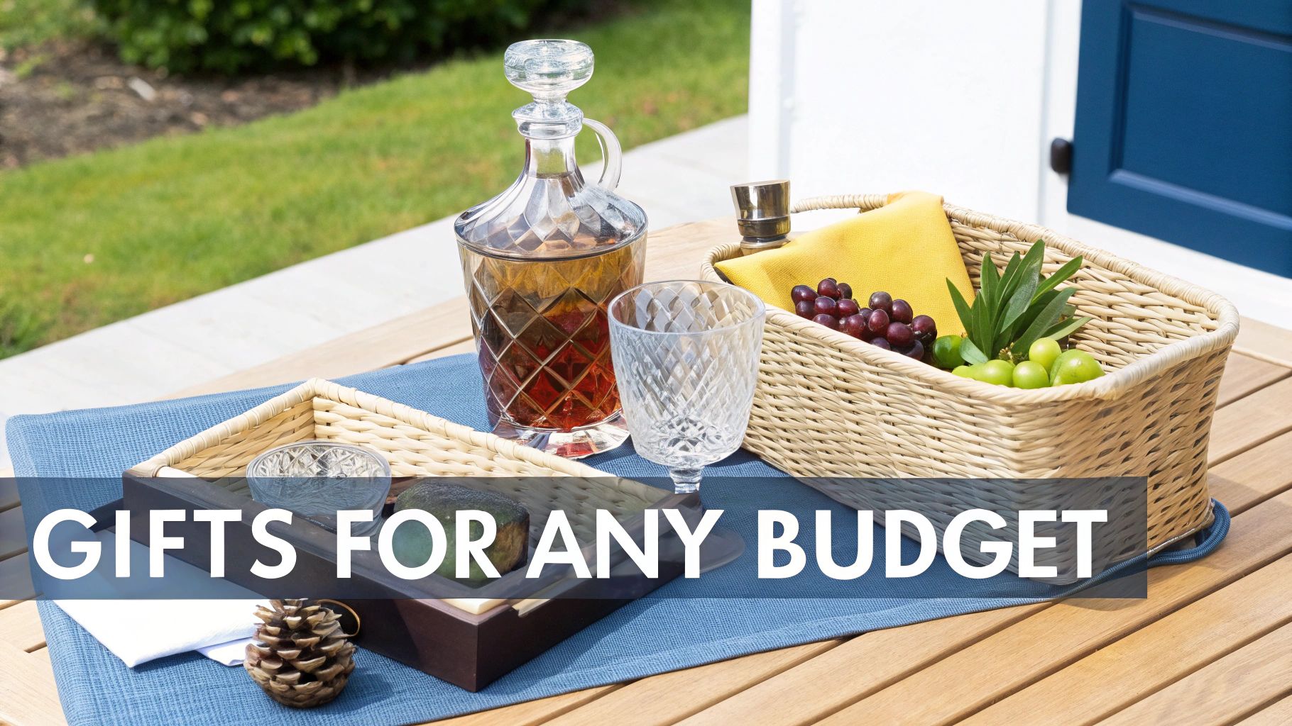 An outdoor table set with a decanter, crystal glass, fruit basket, and various gift items.