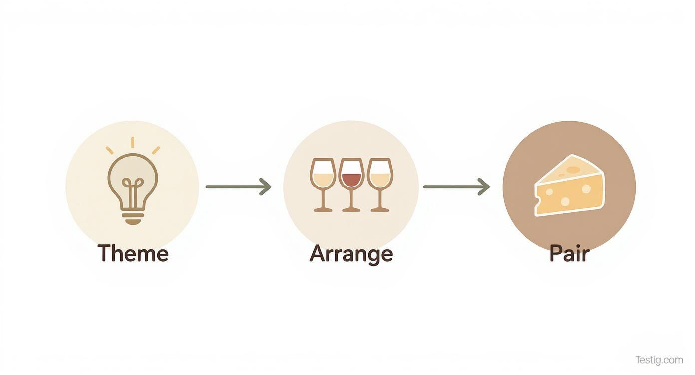Infographic showing the process flow for hosting a whiskey tasting, with icons for Theme, Arrange, and Pair.