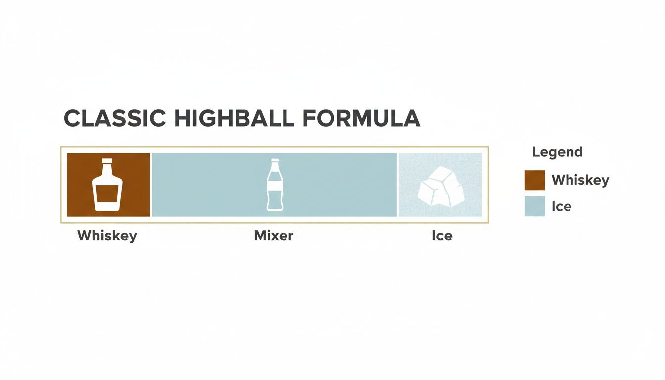 Infographic illustrating the classic highball drink formula, detailing whiskey, mixer, and ice components.
