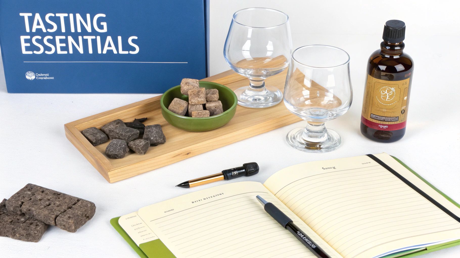 A comprehensive whisky tasting kit laid out with glasses, stones, a bottle, and a notebook.