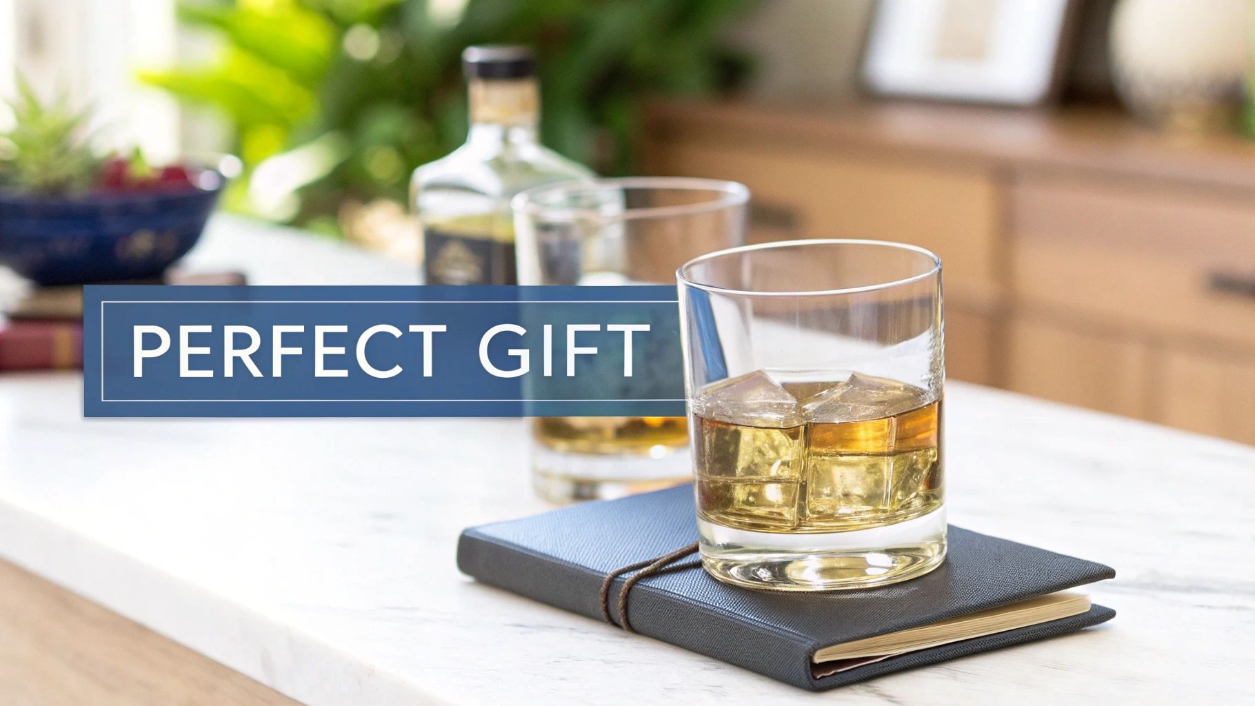 A close-up of a person holding a sophisticated whiskey glass, with warm ambient lighting.