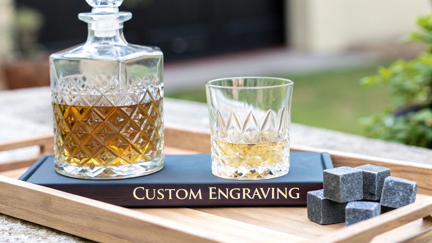 A crystal decanter, matching whisky glass, and chilling stones on a wooden tray.