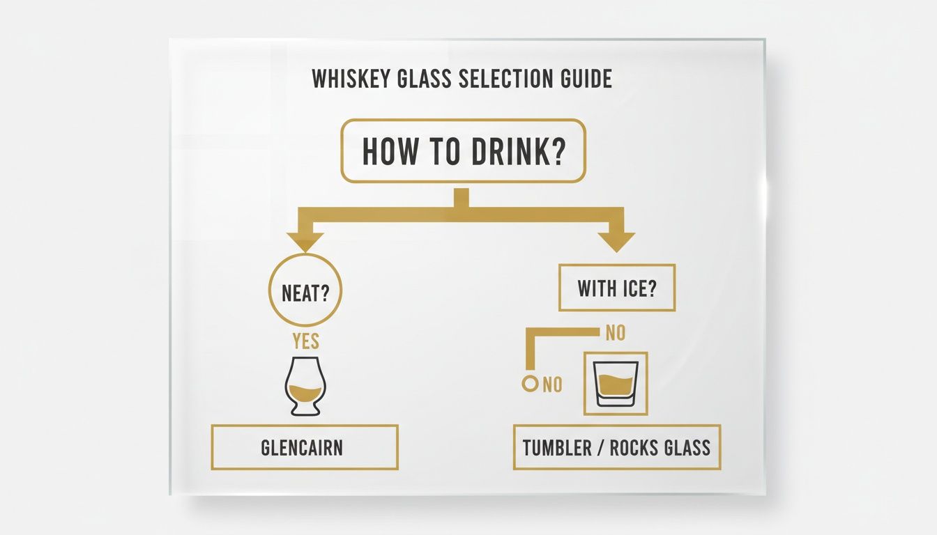 A whiskey glass selection guide flowchart demonstrating how to choose the right glass based on neat or with ice preference.