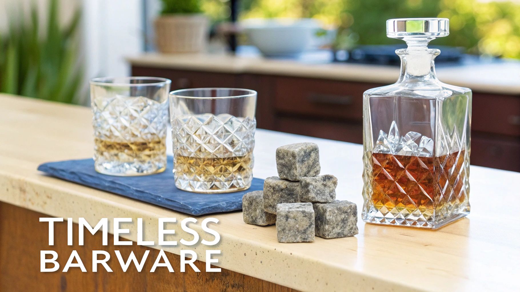A crystal decanter, two whiskey glasses filled with amber liquid, and chilling stones on a light counter with "Timeless Barware" text.