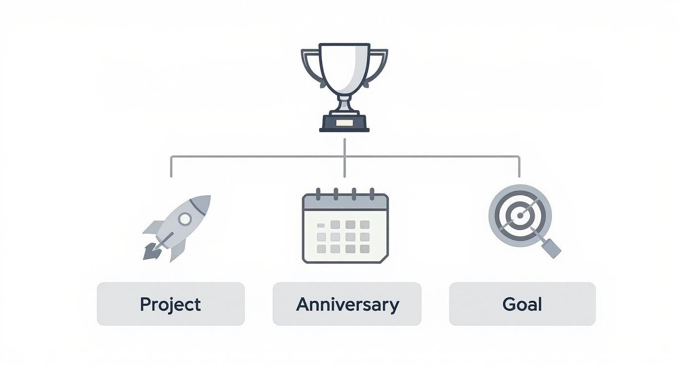 Infographic showing a hierarchy of employee milestones including project completion, work anniversaries, and achieving goals.