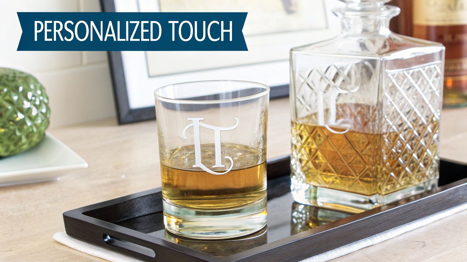 A personalized whiskey glass with a monogram and matching decanter filled with amber liquid on a wooden tray.