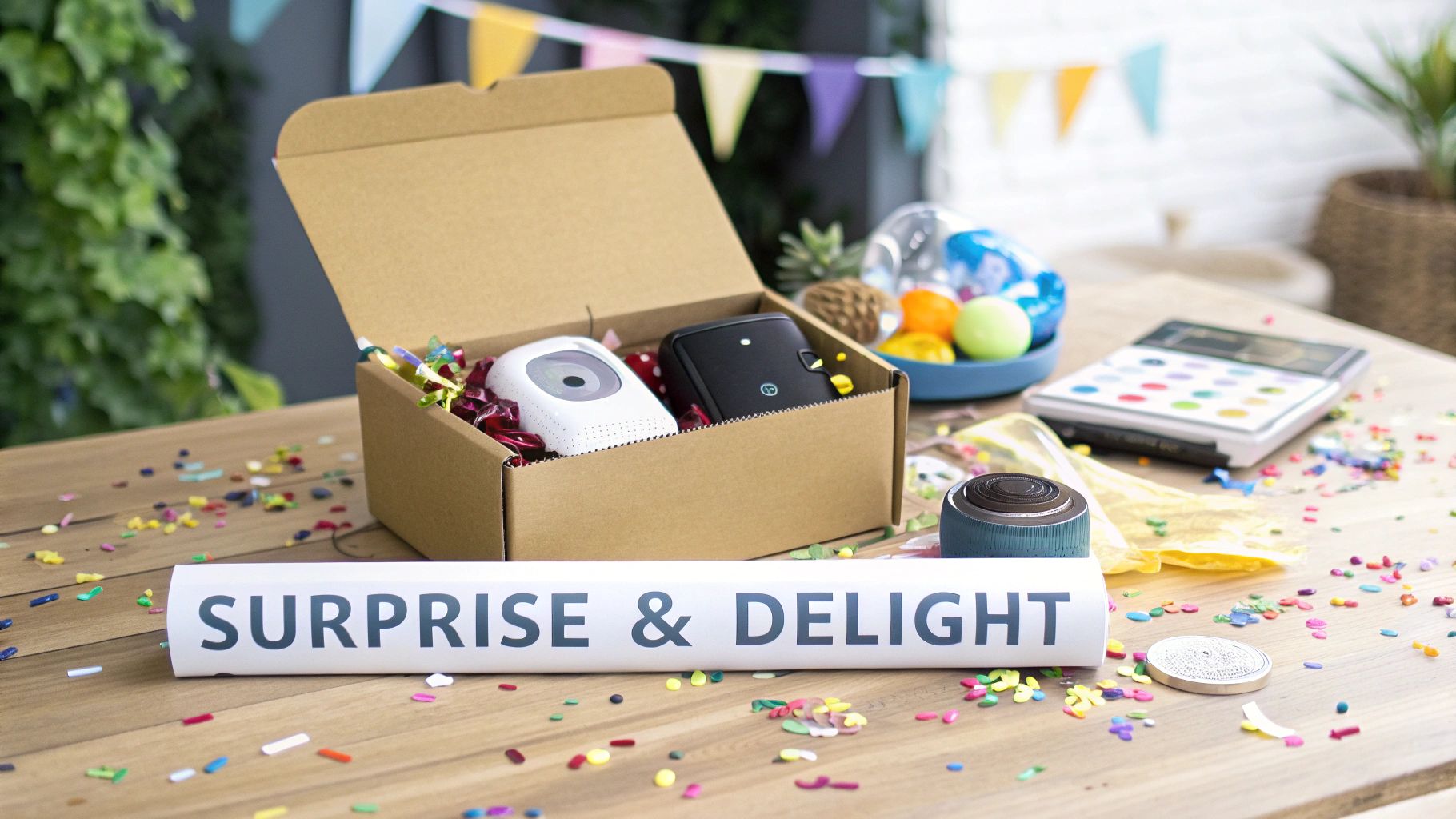A person receiving a beautifully wrapped gift box in a surprise moment.