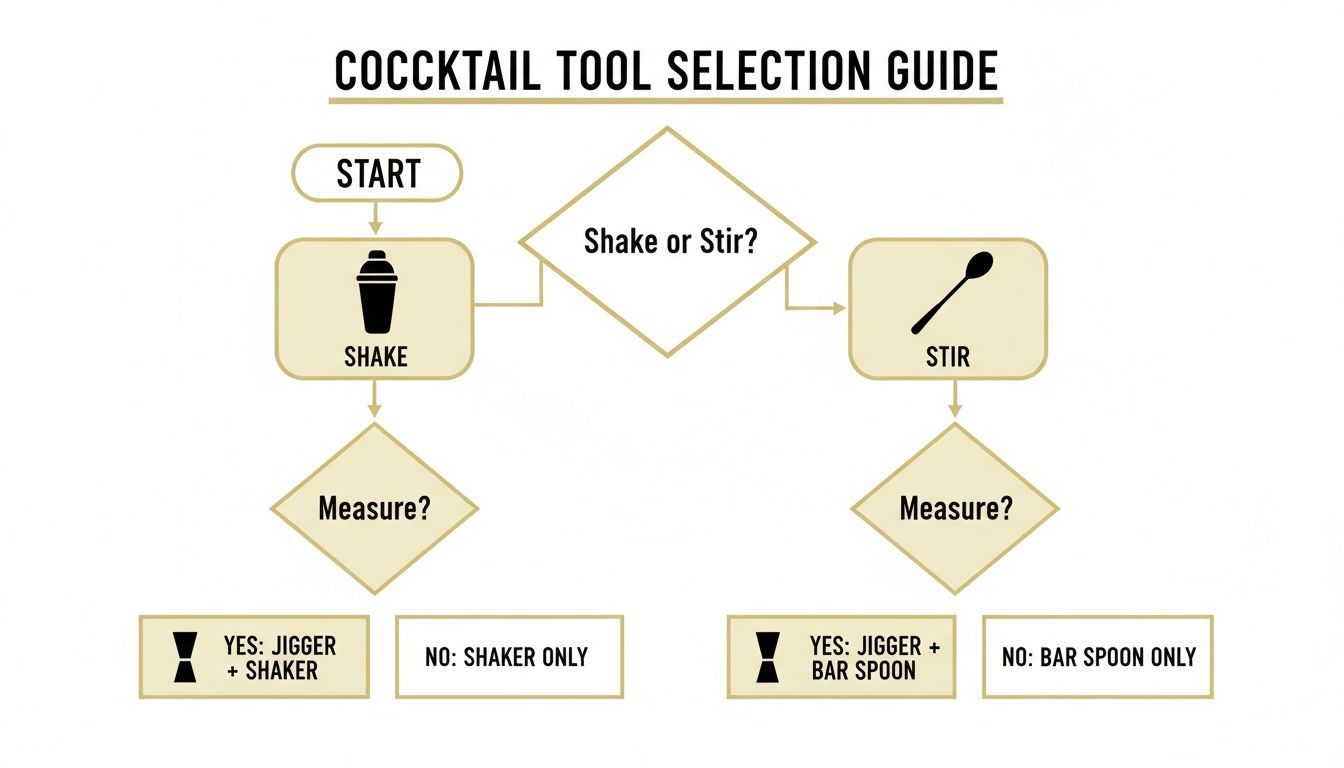 A flowchart guiding cocktail tool selection based on shaking, stirring, and measuring needs.