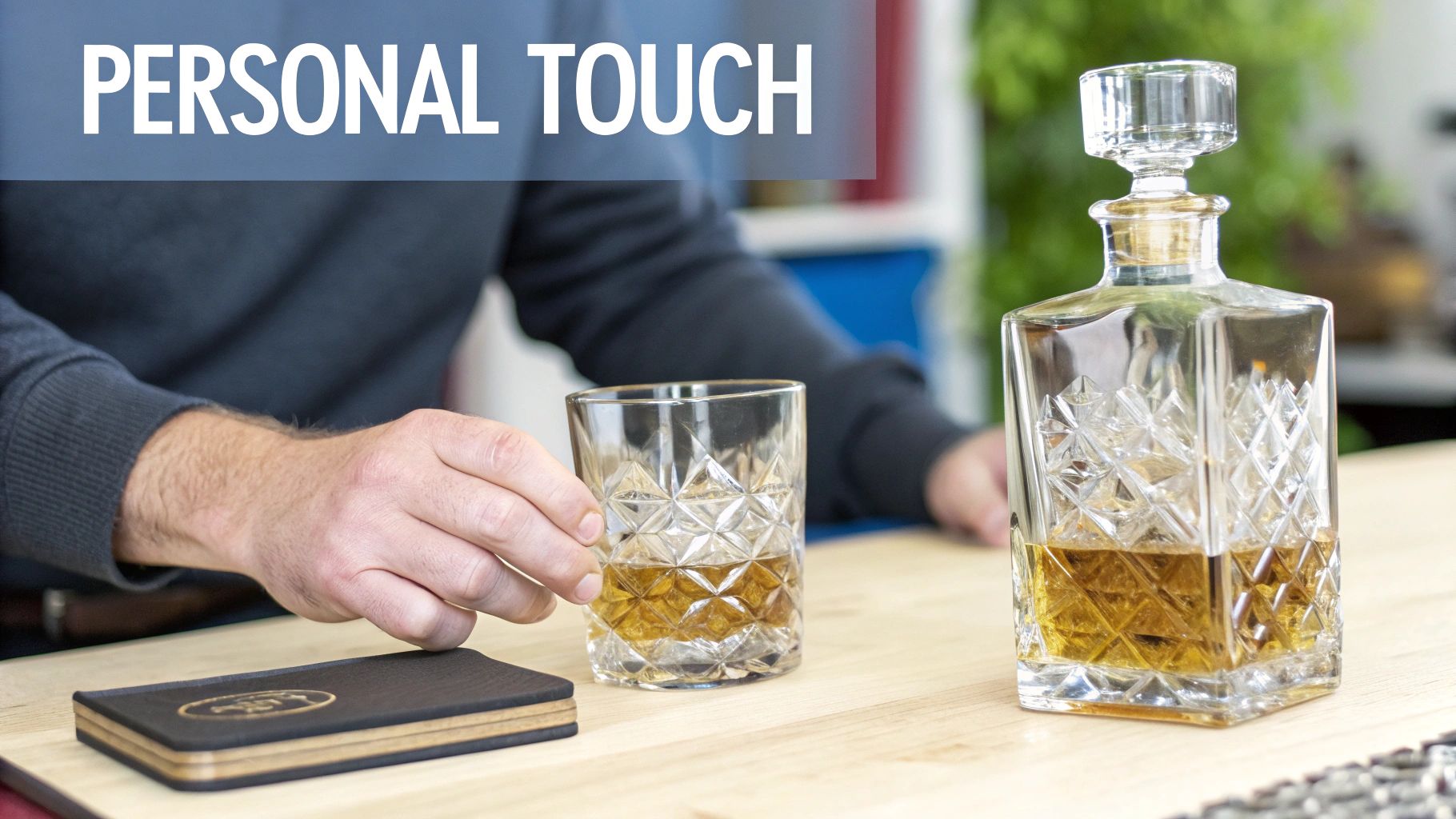 A person's hand reaches for a whiskey glass beside a crystal decanter, featuring "PERSONAL TOUCH" text.