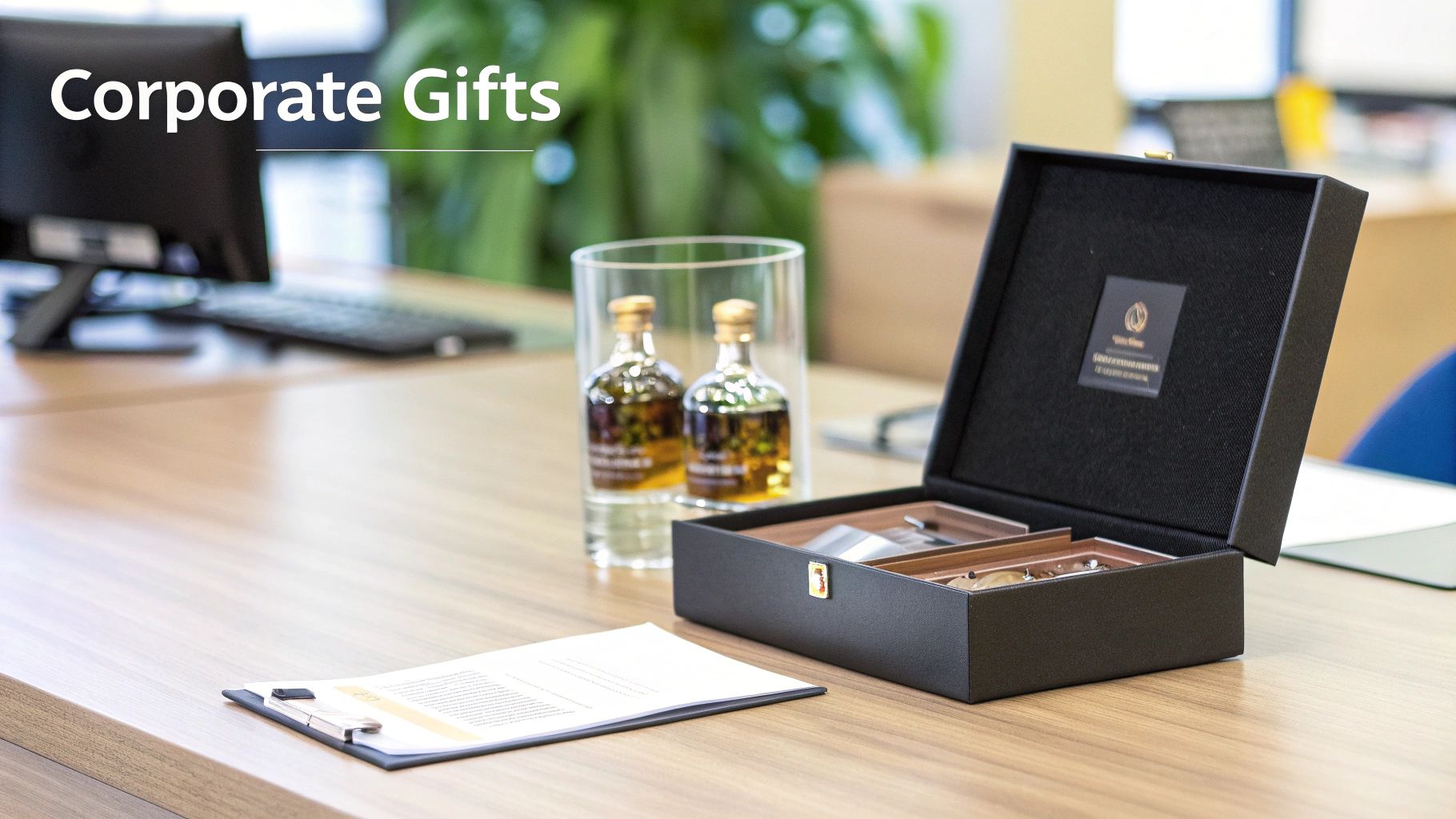 An elegant black corporate gift box, open on a desk next to two small whisky bottles, with 'Corporate Gifts' text.