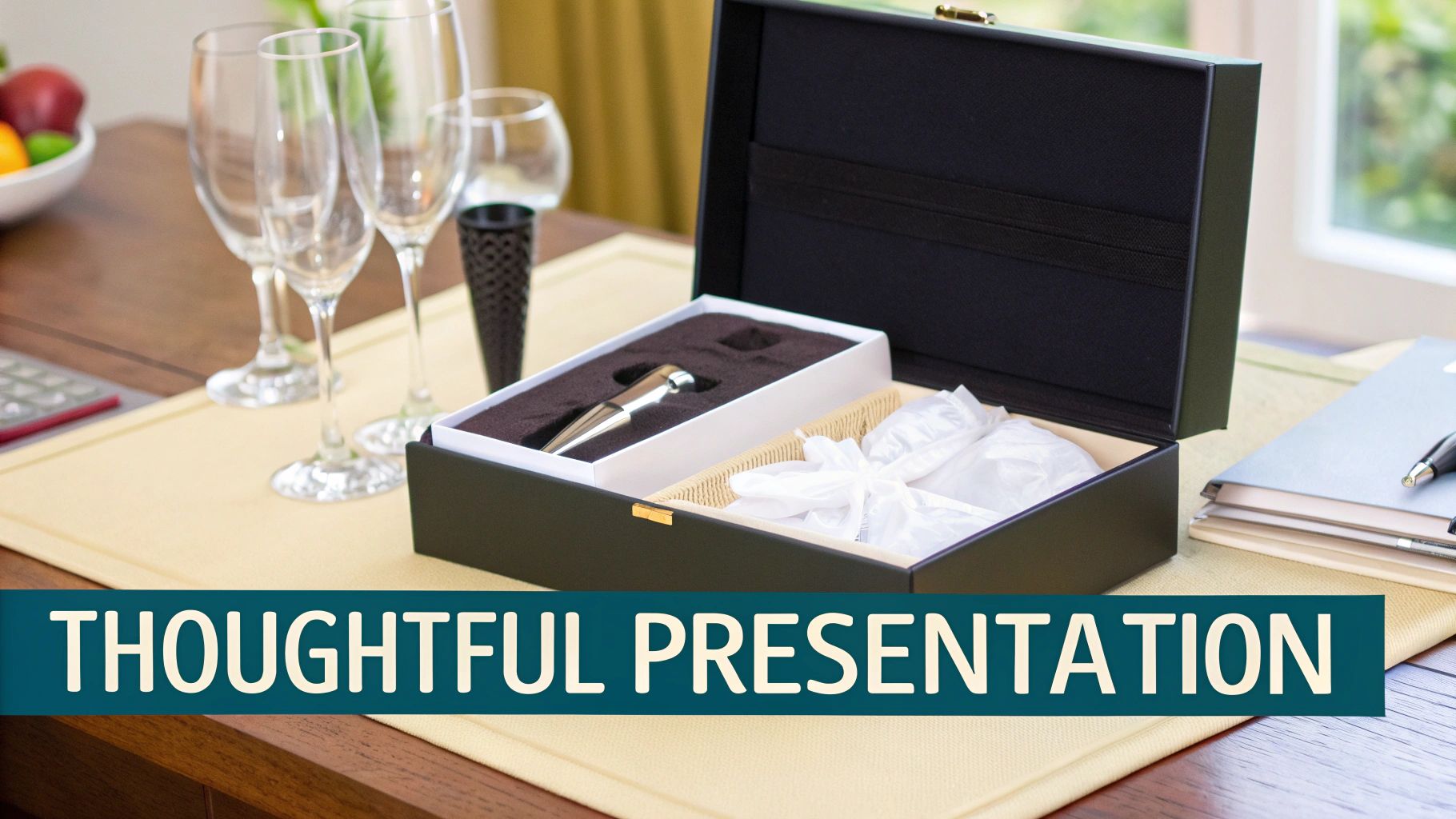 An open black gift box on a wooden table, revealing a silver wine opener and wrapped items. Champagne flutes are in the background.