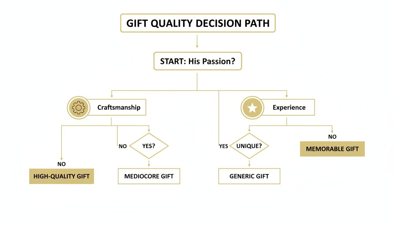 A flowchart illustrating a gift quality decision path based on passion, craftsmanship, and experience leading to various gift types.