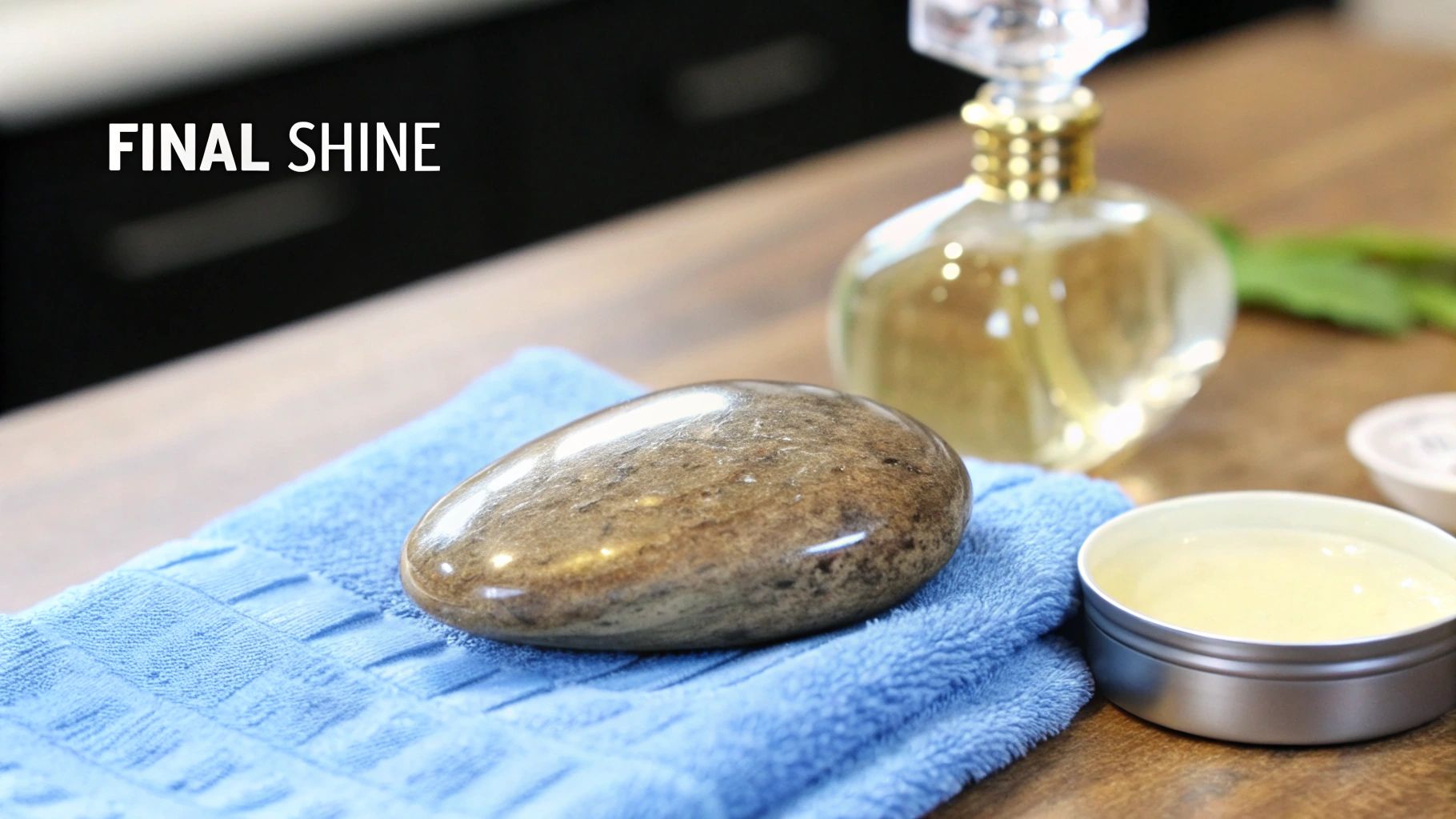 A smooth, shiny brown stone rests on a blue towel next to a polish tin and perfume bottle.