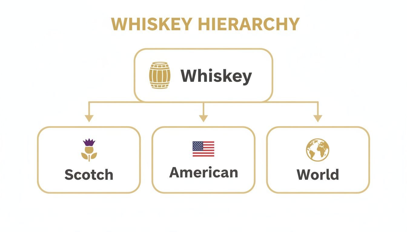 A hierarchy chart visually explaining the main types of whiskey: Scotch, American, and World.