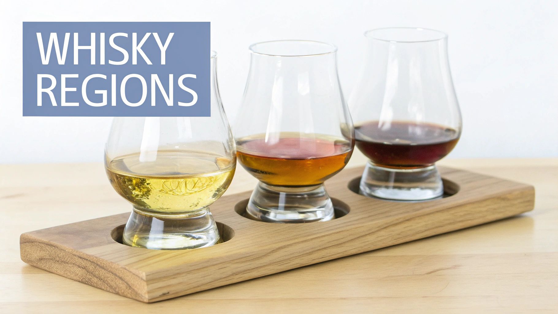 Three whisky glasses with different colored spirits on a wooden tray with "WHISKY REGIONS" text.