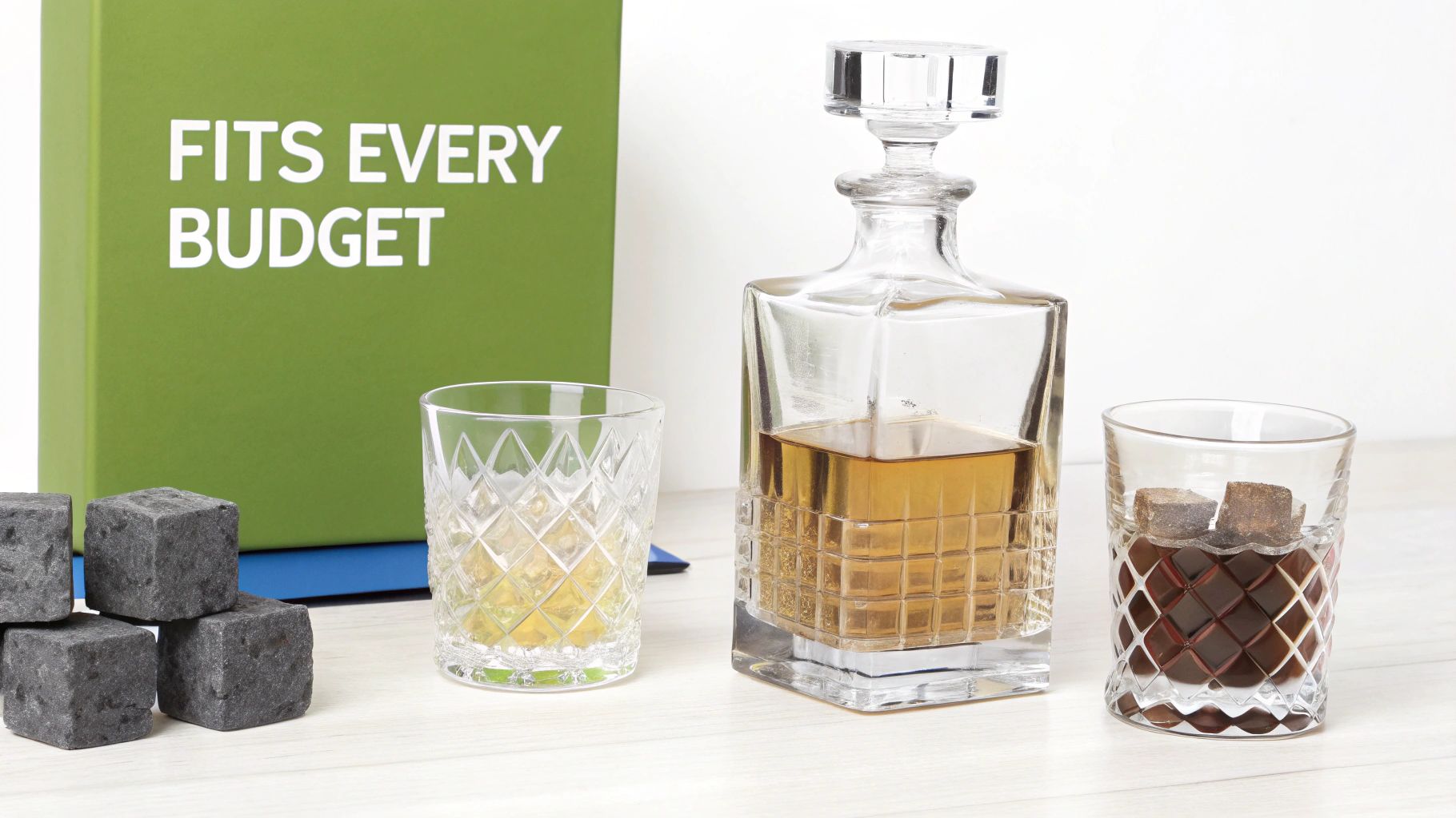 Whiskey decanter set with glasses and chilling stones, beside a green 'FITS EVERY BUDGET' box.