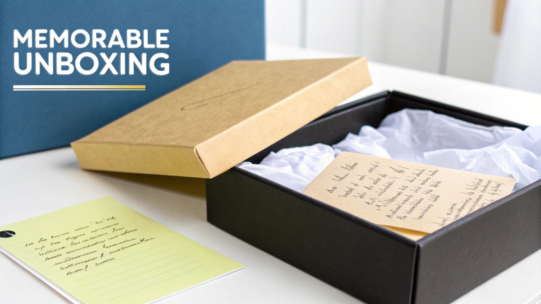 An open black gift box reveals white tissue paper and a handwritten note, beside a yellow pad.