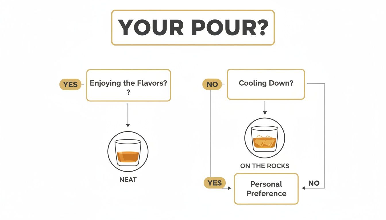 Diagram illustrating how to choose between neat or on the rocks whiskey based on flavor and cooling.