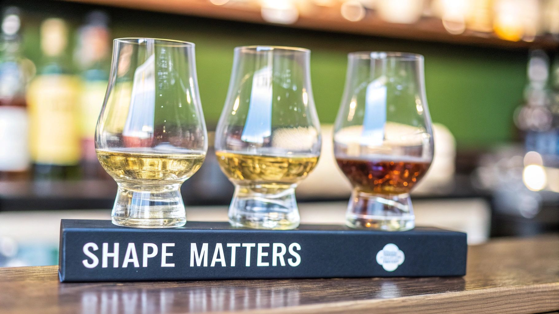 A set of different scotch glasses on a wooden bar top.