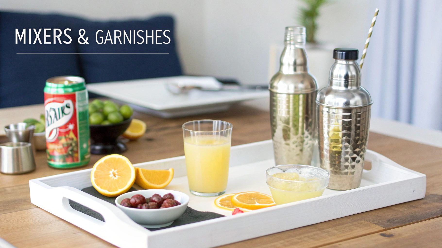A white tray holds cocktail shakers, fruit garnishes, juice, and mixers for a home bar.