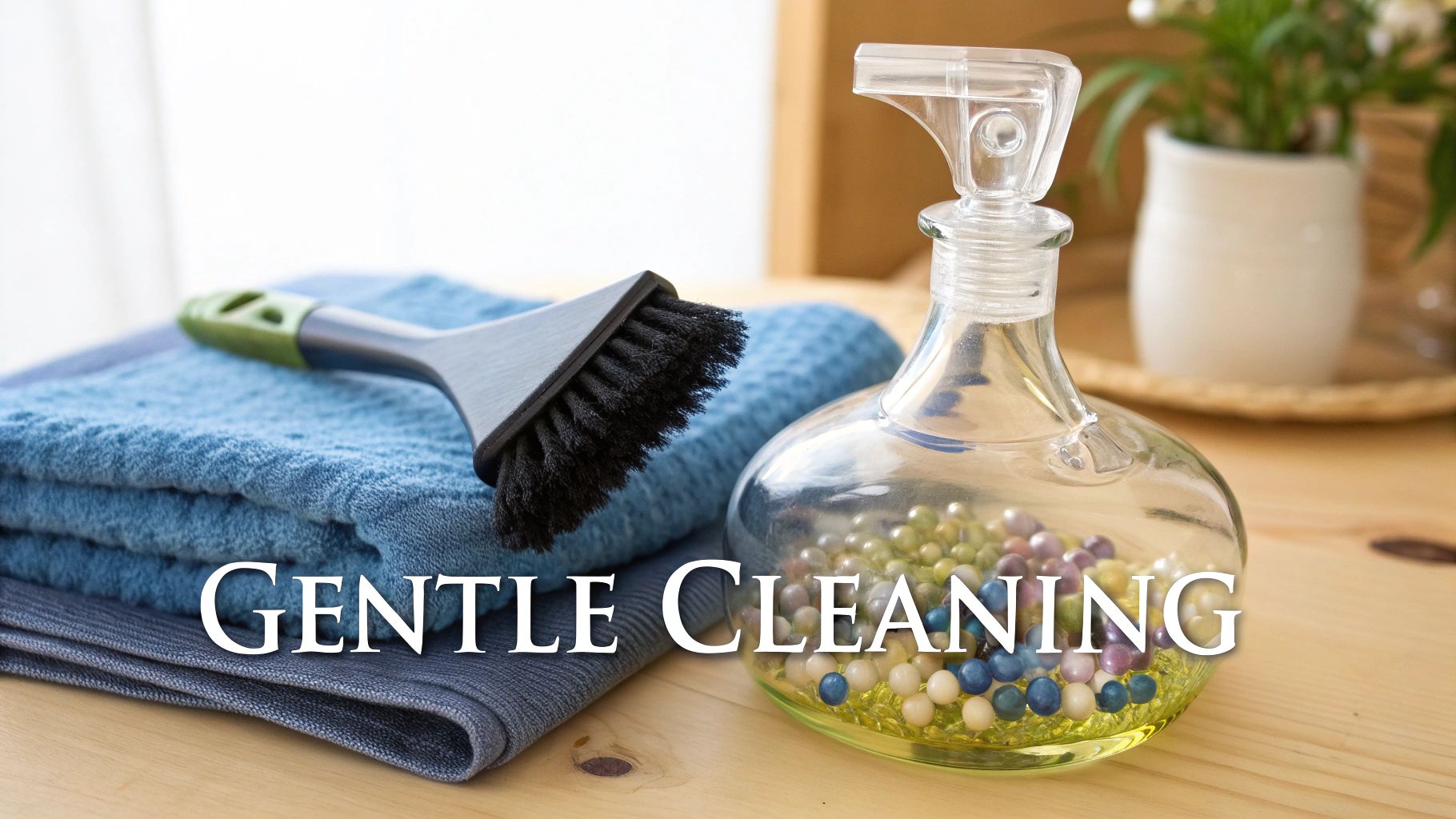 Close-up of a crystal decanter being cleaned