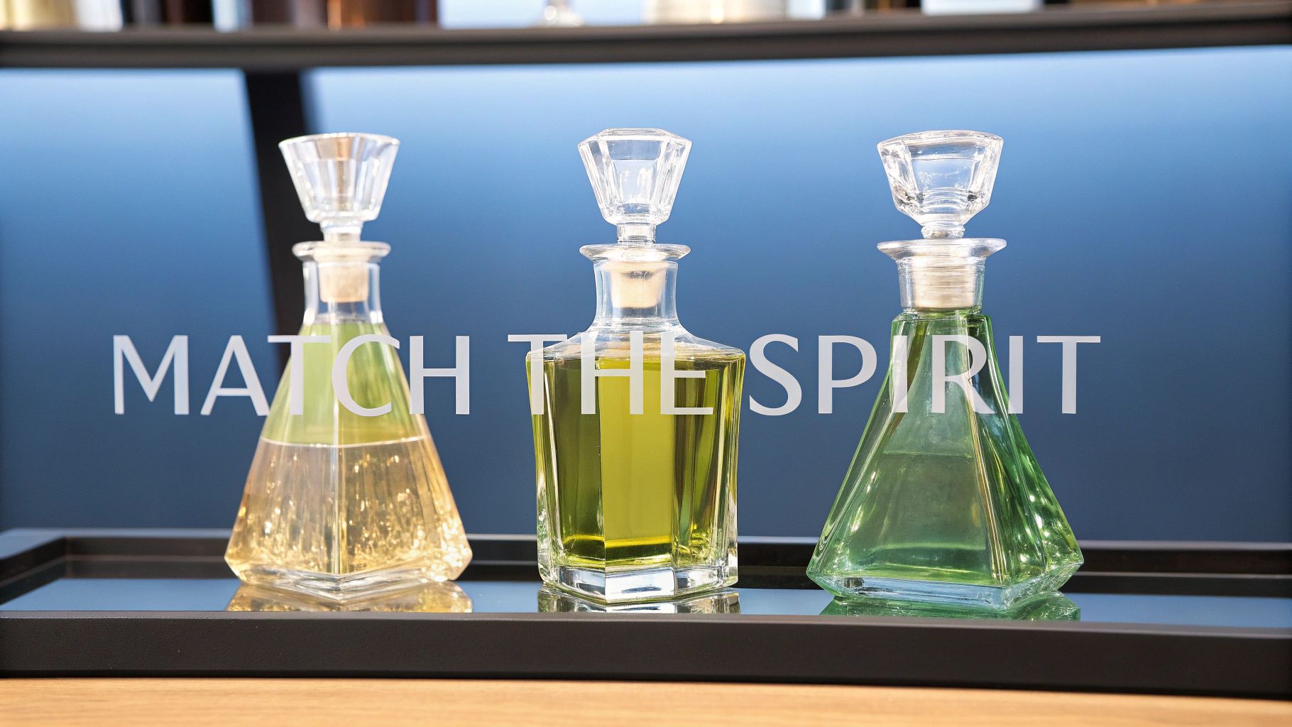Three decorative glass decanters with colorful liquids and stoppers displayed on a reflective black tray.