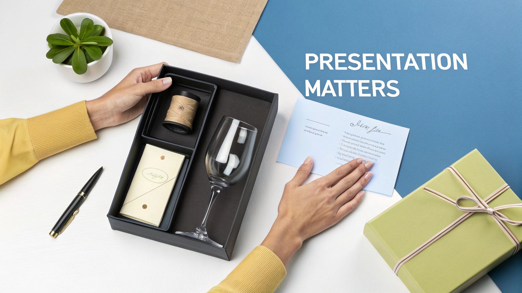 A person opening a beautifully arranged gift box with a wine glass, candle, and card, highlighting thoughtful presentation.