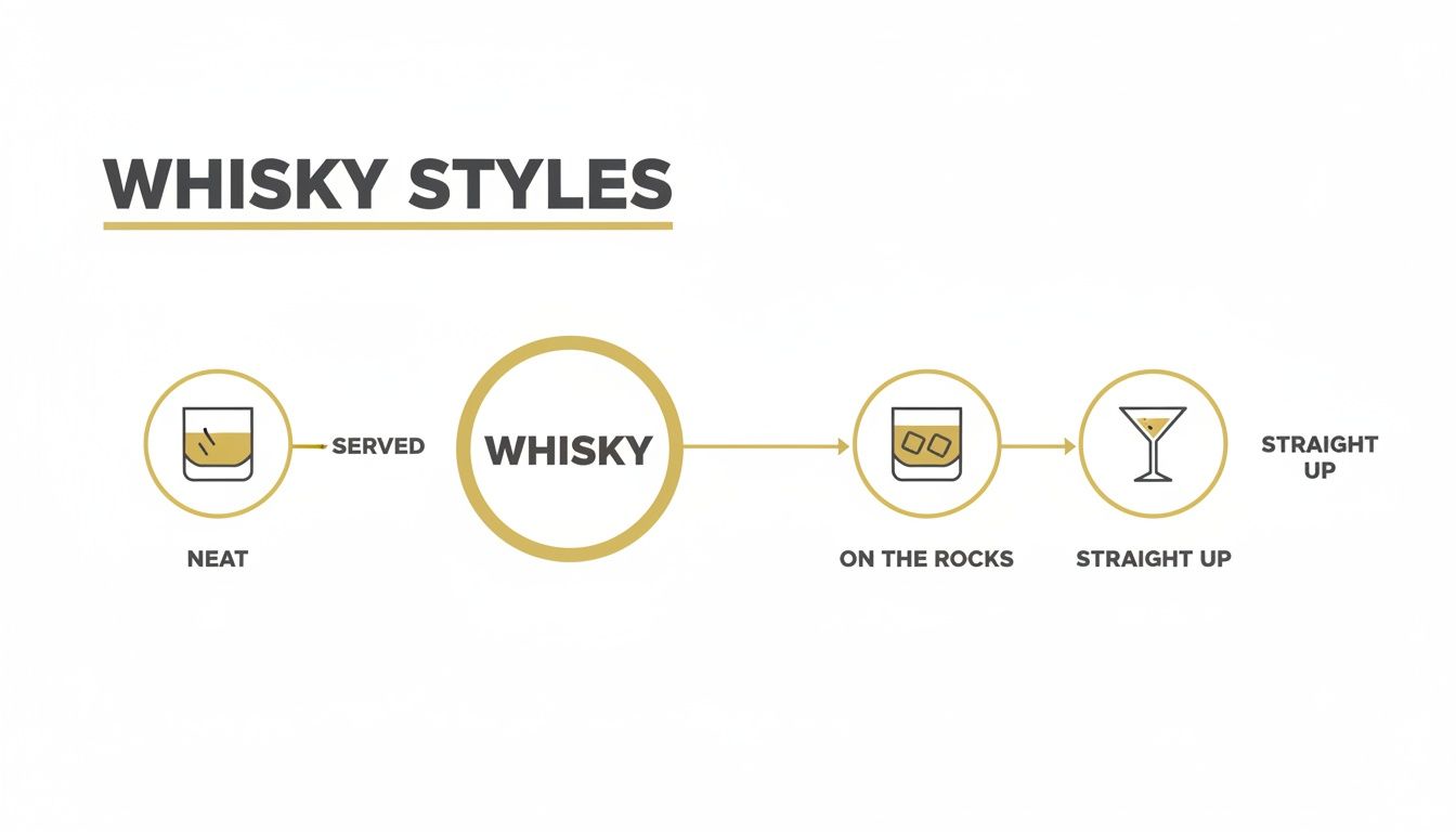 An infographic illustrating different whisky serving styles: neat, on the rocks, and straight up.