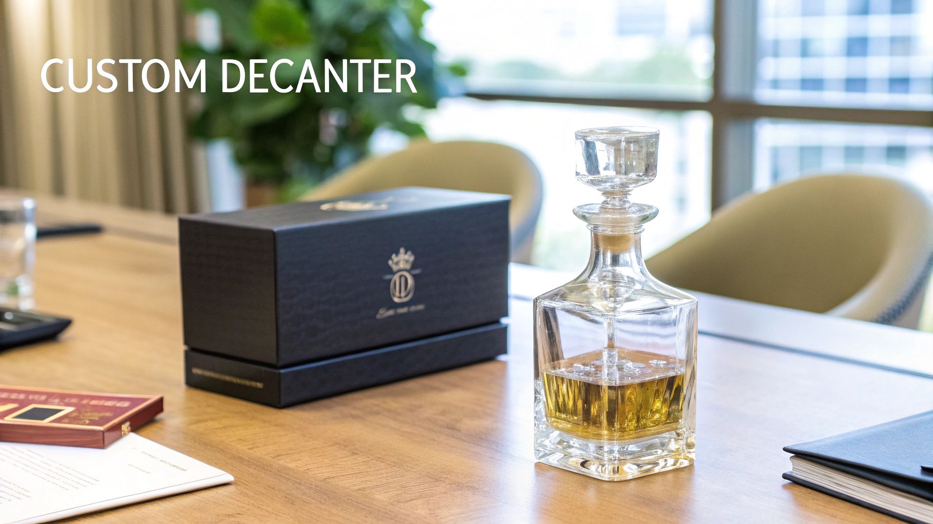 A custom decanter with amber liquid and a black gift box on a wooden table in a professional setting.