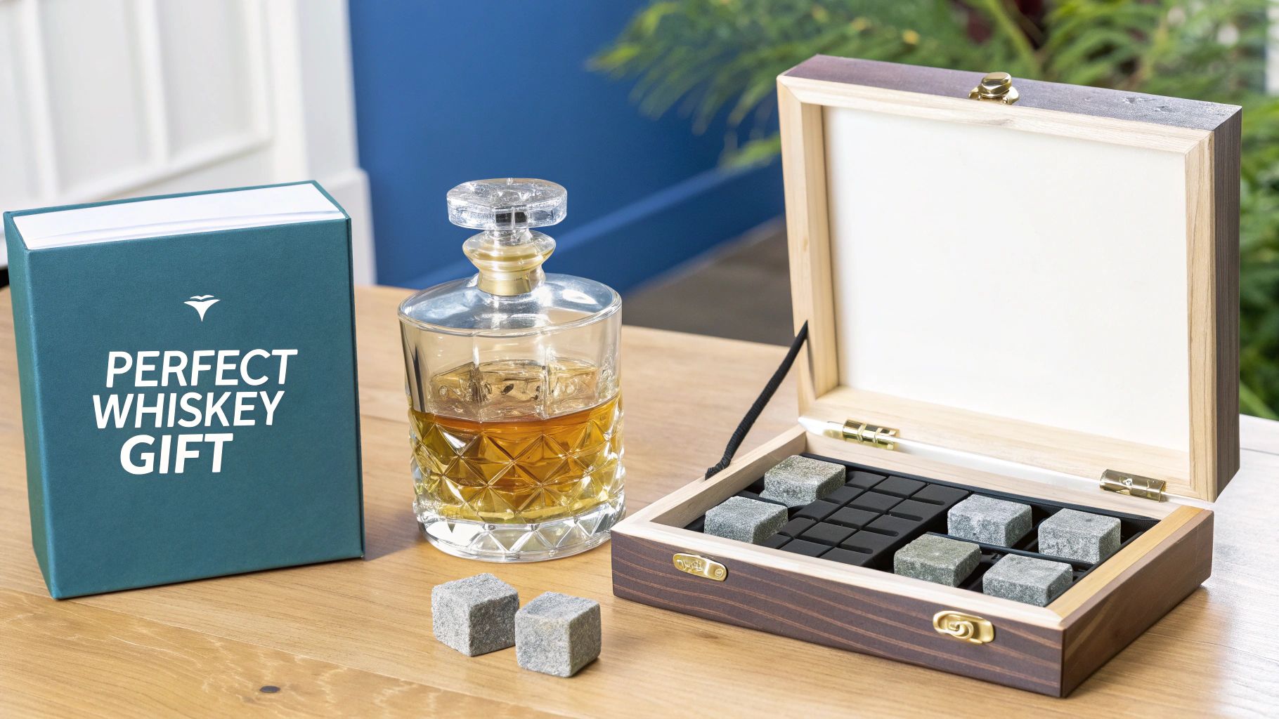 A perfect whiskey gift set with a decanter, whiskey stones in a wooden box, and a teal gift box.
