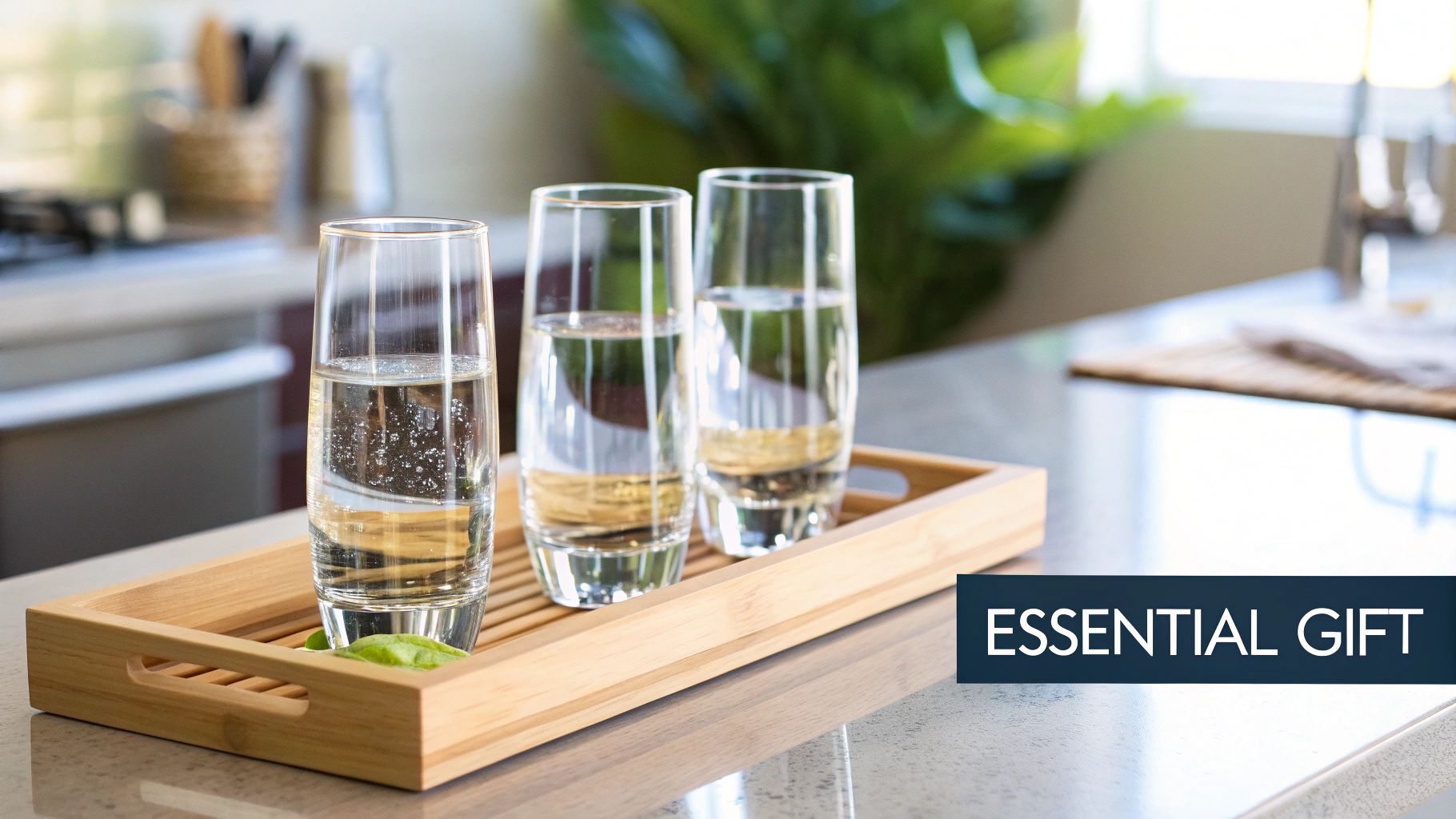 Three clear highball glasses filled with water on a wooden tray, presented as an essential gift.