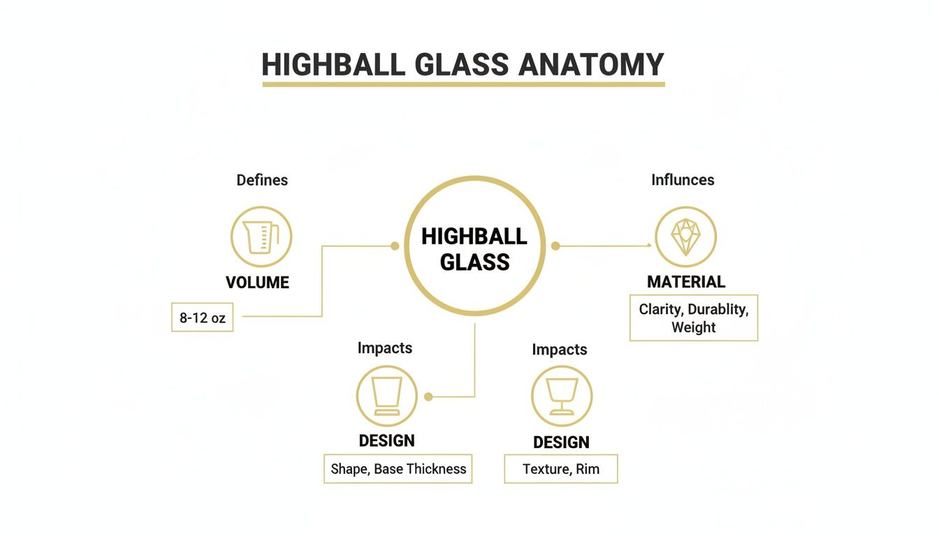 A diagram illustrating the anatomy of a highball glass, detailing its volume, material properties, and design elements.