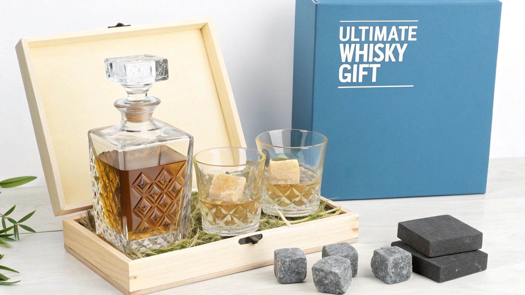 A luxury whisky gift set featuring a crystal decanter, two glasses, and chilling stones in a wooden box.
