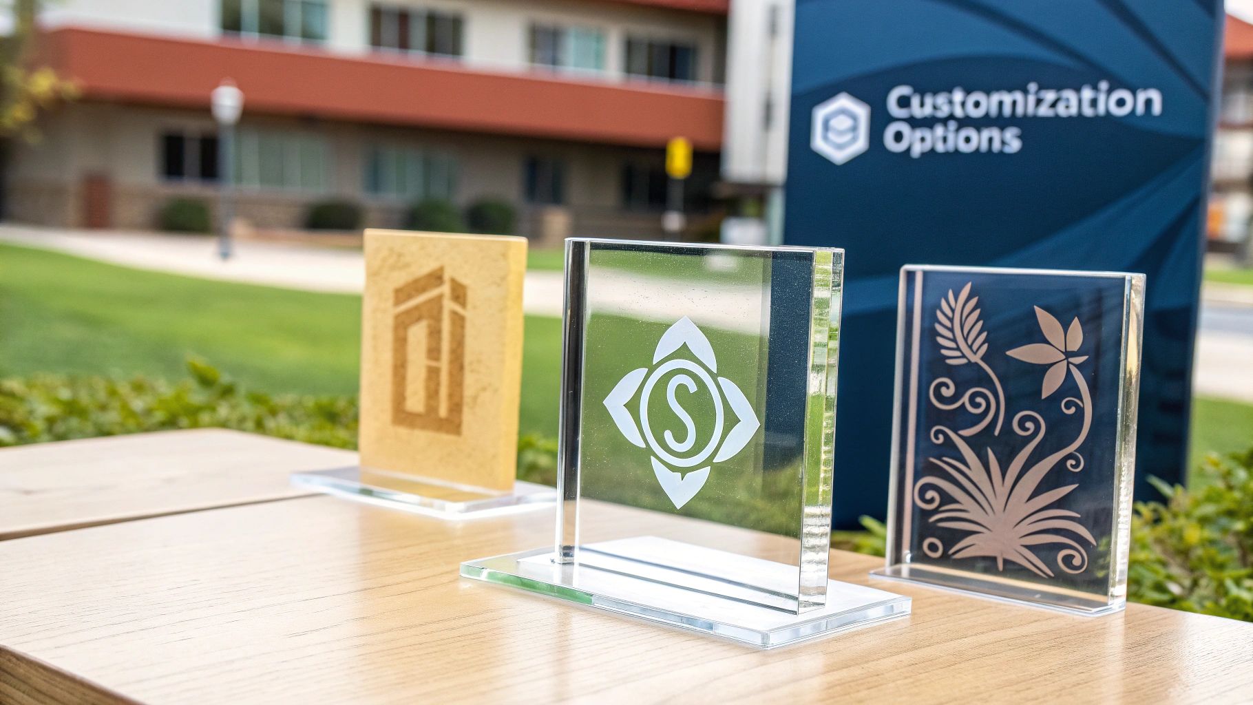 Three custom etched glass awards showcasing design options on a wooden table with a 'Customization Options' sign.