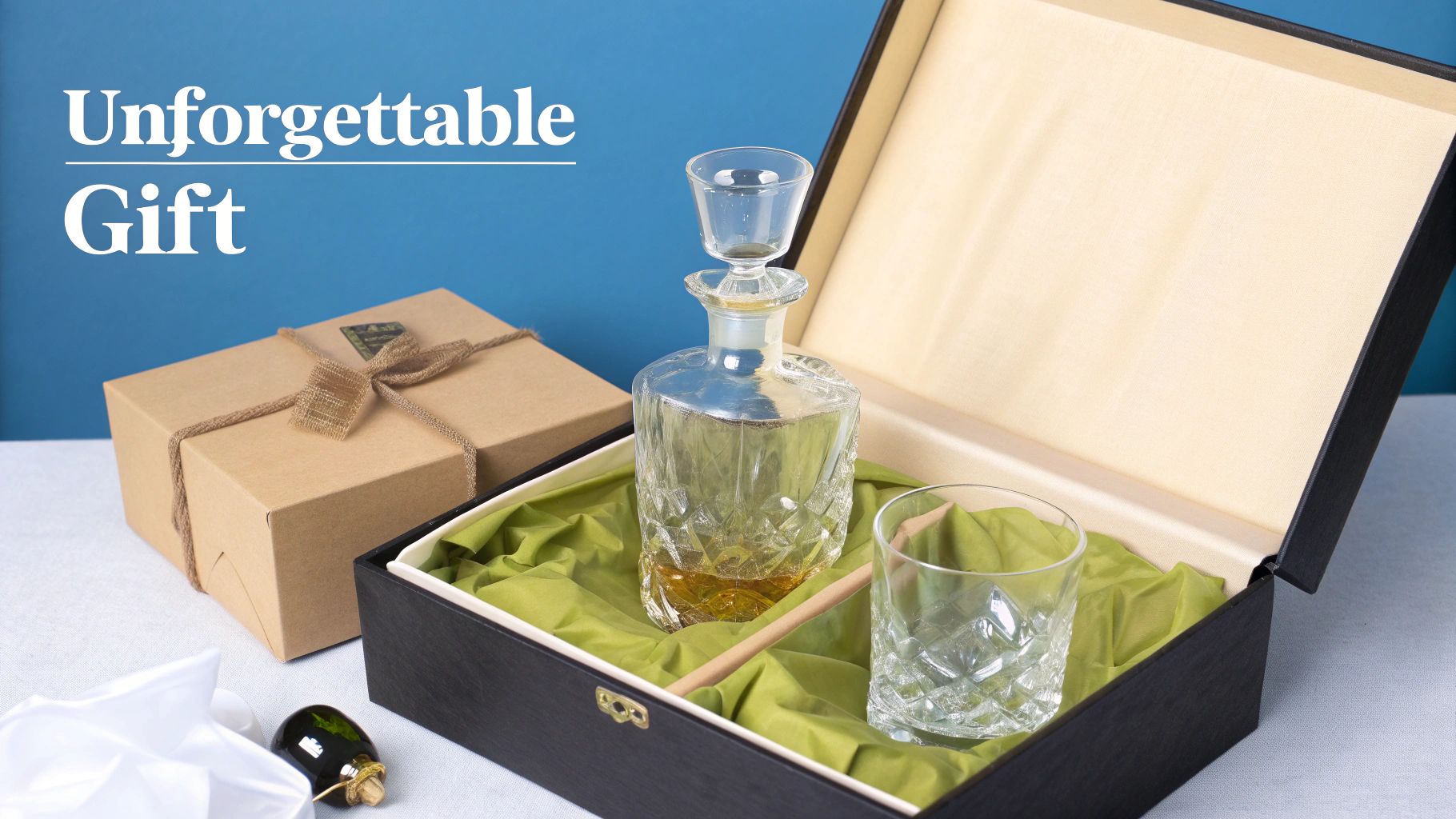 An unforgettable gift set featuring a crystal liquor decanter, a matching glass, and a wrapped brown box.